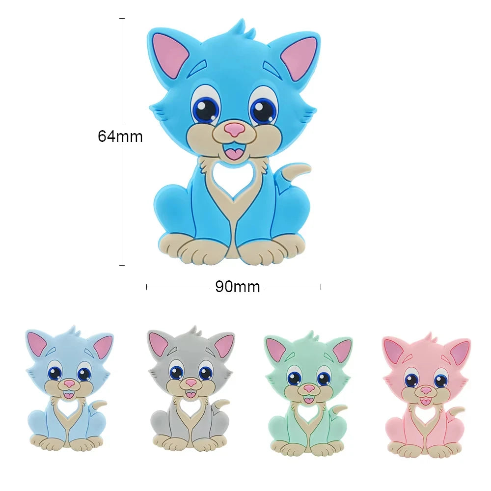 Blue, grey, green, and pink silicone cat baby teething toys to help soothe sore gums.