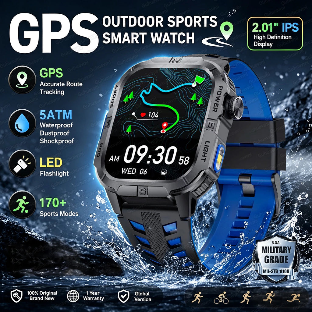2026New Outdoor Military Men's Smartwatch, Equipped With GPS LED Lighting, Compass, Wireless Communication IP68 Waterproof Watch