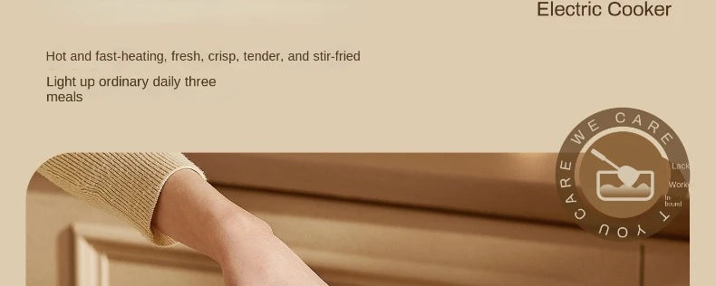 Hands holding a towel near a white electric cooker on a cabinet