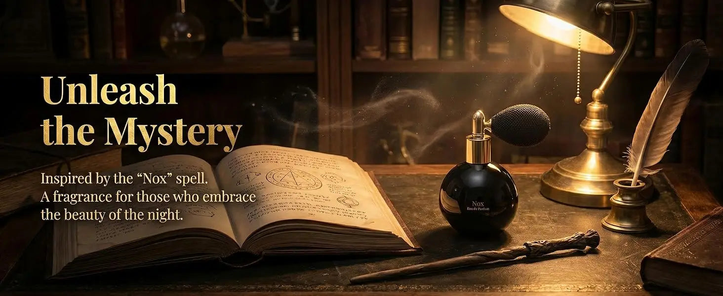 Miniso Harry Potter Nox unisex EDP perfume, woody floral scent in a vintage round bulb atomizer bottle on dark desk.