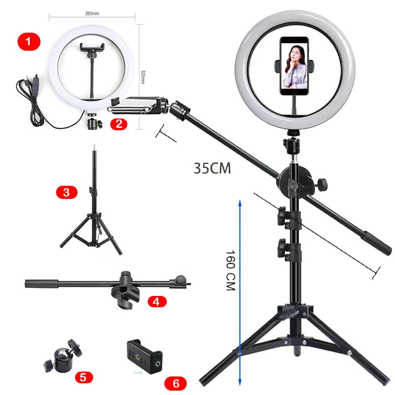 12-inch LED ring light with phone holder, 160cm adjustable tripod stand, and overhead boom arm for photography.