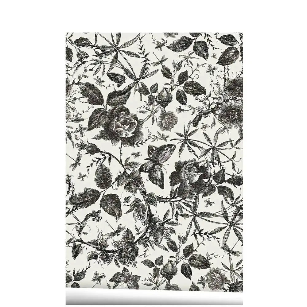 Self-adhesive wallpaper sheet with black watercolor floral and leaf botanical pattern