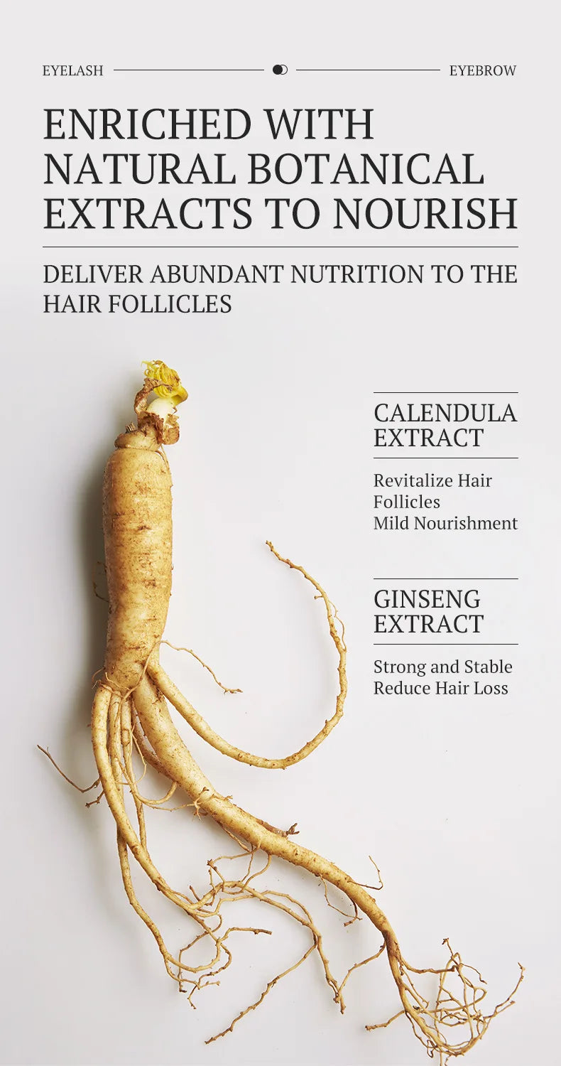 Natural eyelash and eyebrow growth serum ad featuring ginseng and calendula extracts for thicker, nourished hair.