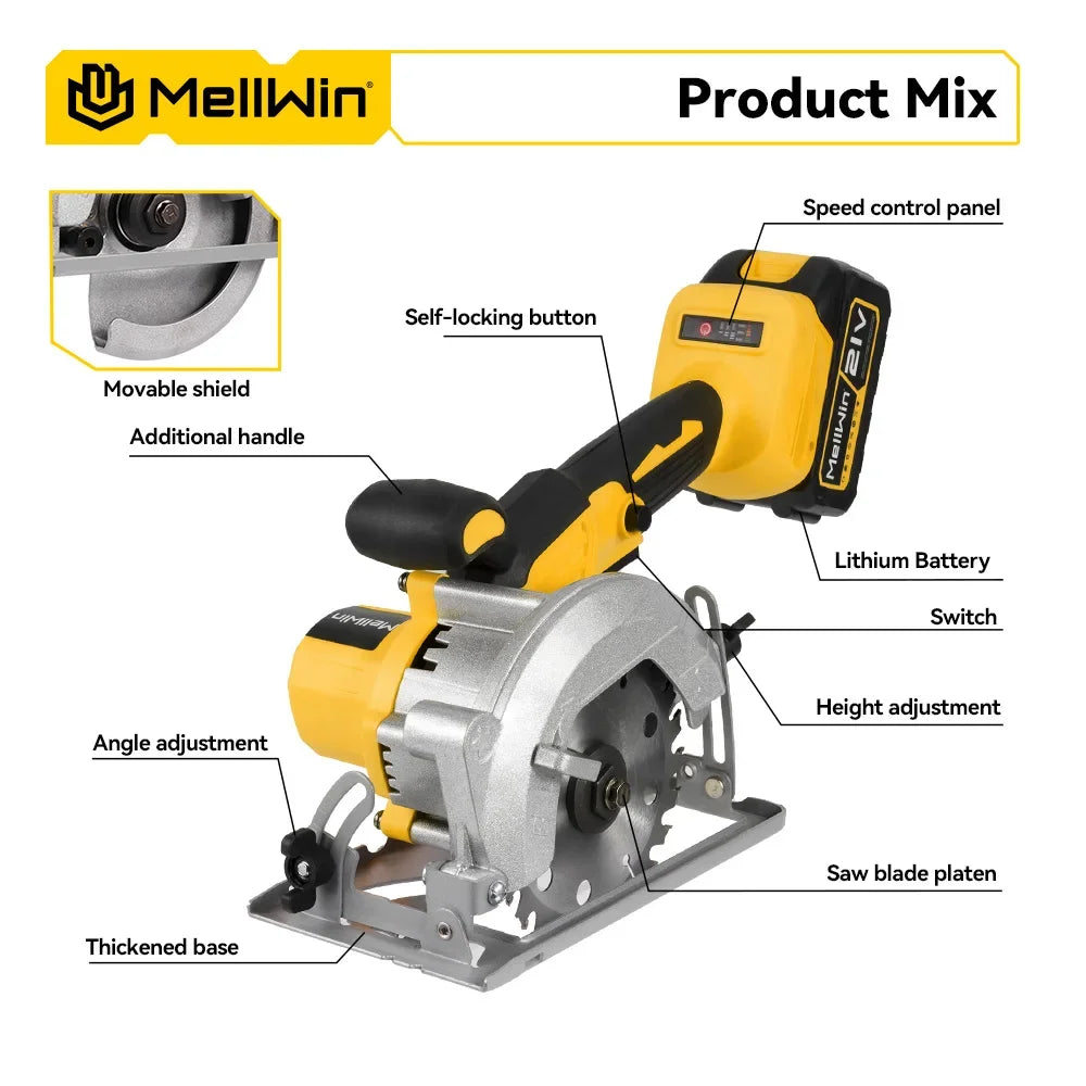 MELLWIN 5 Inch Brushless Electric Circular Saw Cordless Multi-Angle Saw Woodworking Power Tool Set For Makita 18V Battery Pin