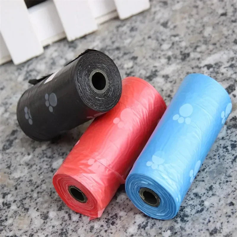 Leak-proof dog poop bags with cute paw prints. Multi-colored rolls for easy, sanitary pet waste cleanup.
