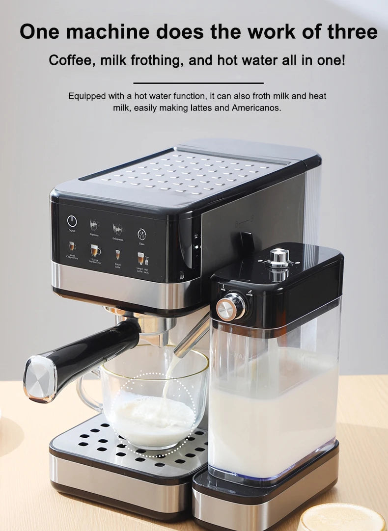 Black and silver 3-in-1 espresso machine with integrated milk frother, digital touch interface, and portafilter.