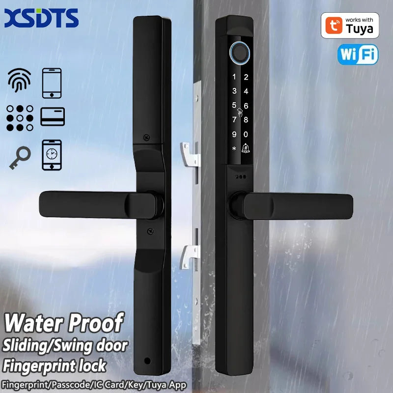 Tuya App Smart Door Lock Waterproof Fingerprint Password Card Bridge-Cut For Outdoor Pull Push Sliding Grille Door