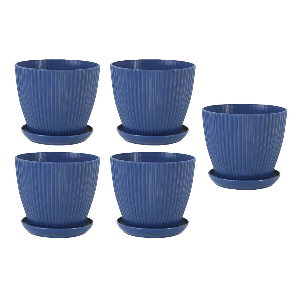 5 Pcs Modern Resin Planters 6 Inch Drainage Hole Flower Pots With Saucers Vertical Stripe Design For Houseplant Garden