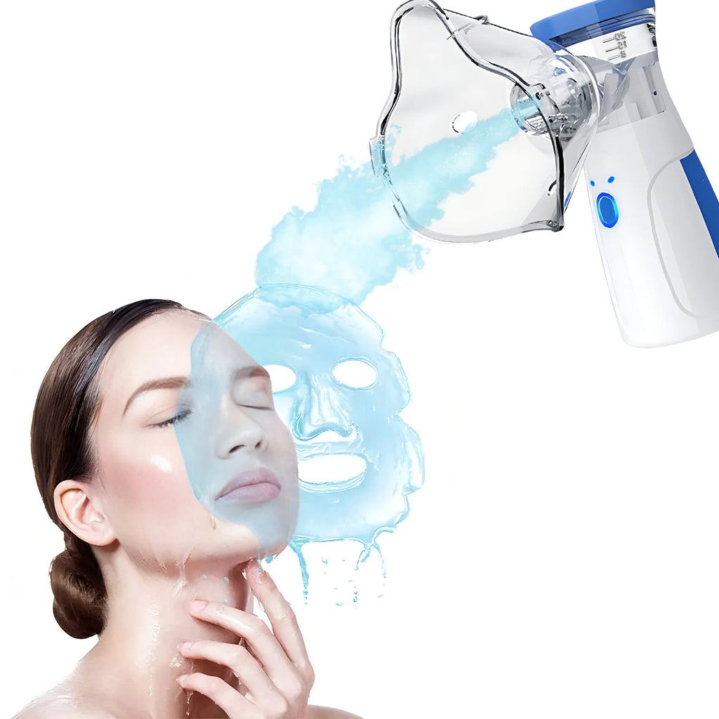 Portable nano ionic facial steamer in white and blue emitting hot mist onto a woman's face for pore cleansing spa.