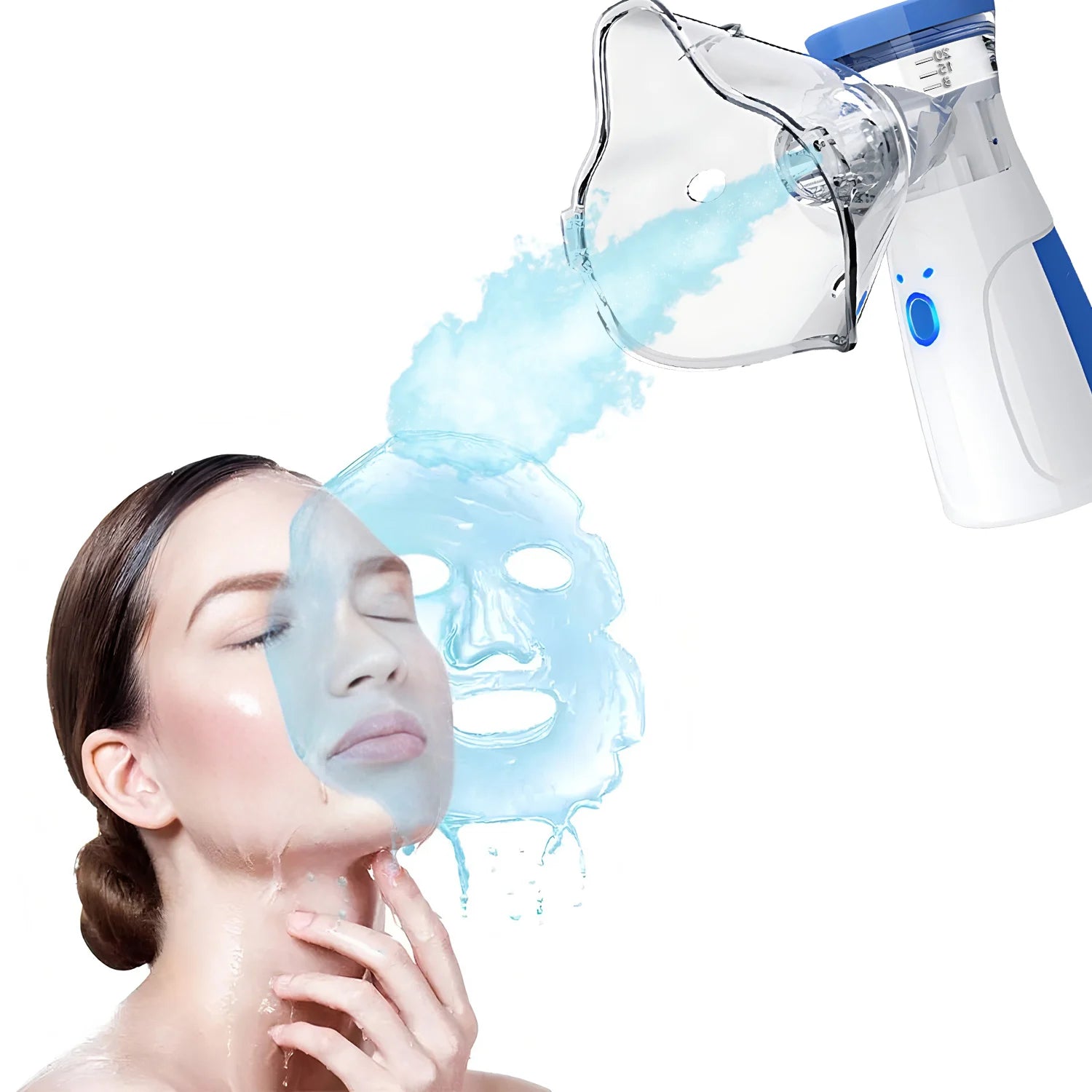 Portable nano ionic facial steamer in white and blue emitting hot mist onto a woman's face for pore cleansing spa.