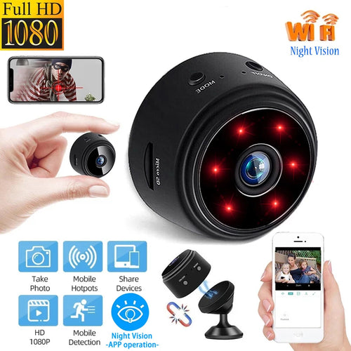 Black mini IP security camera with wide-angle lens and IR night vision indicators