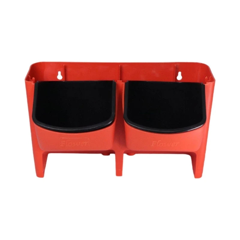 Red two-pot hanging wall planter with black inserts and central divider