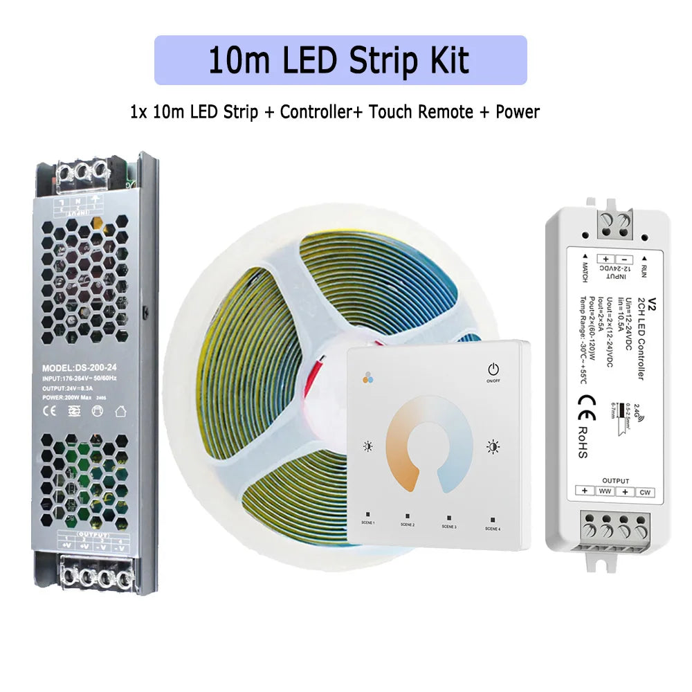 10m LED strip light kit with dual-color strip, touch controller, and power supply