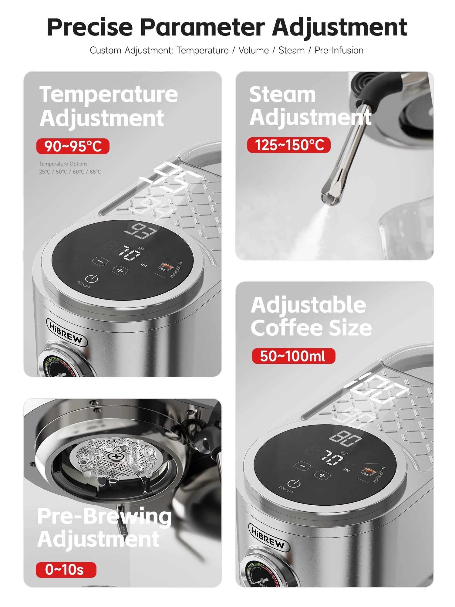 HiBREW stainless steel espresso machine showing adjustable temperature, steam, pre-brewing, and 50-100ml volume settings.