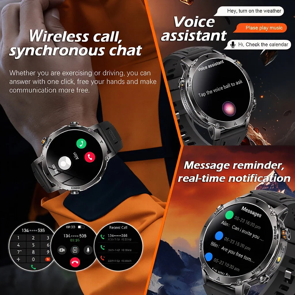 New Military ULtra 1400mAh Huge Battery SmartWatch Two Flashlight 10ATMan Waterproof HD Call 1.73“ 100+Sports Smart watch Man