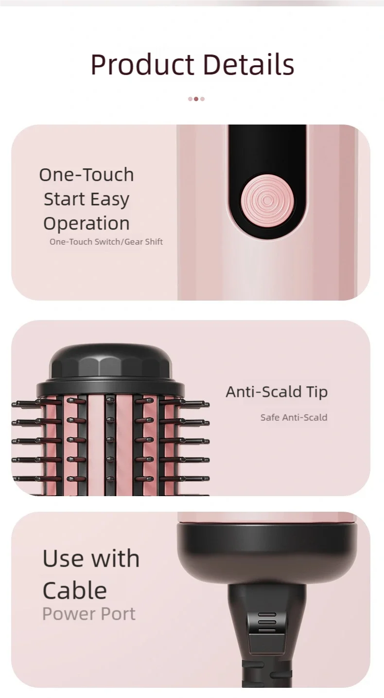 TINSOL pink negative ion hot air brush with one-touch control, anti-scald brush head, and corded power port design.