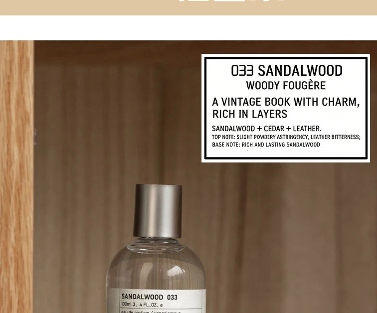 033 Sandalwood unisex EDP: 100ml cylindrical bottle, woody fougère scent with sandalwood, cedar, and leather notes.