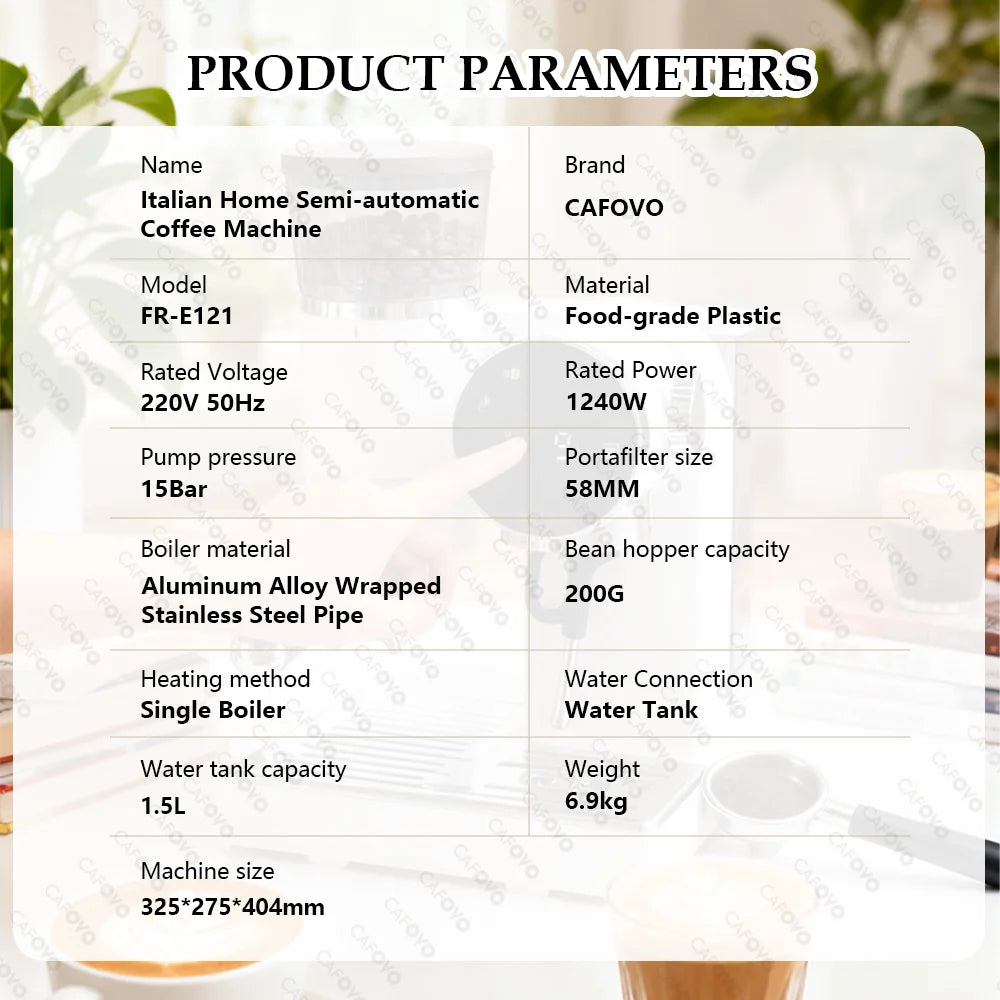 CAFOVO semi-automatic Italian coffee machine specs: 15-bar pressure, 58mm portafilter, 1.5L tank, and 200g hopper.