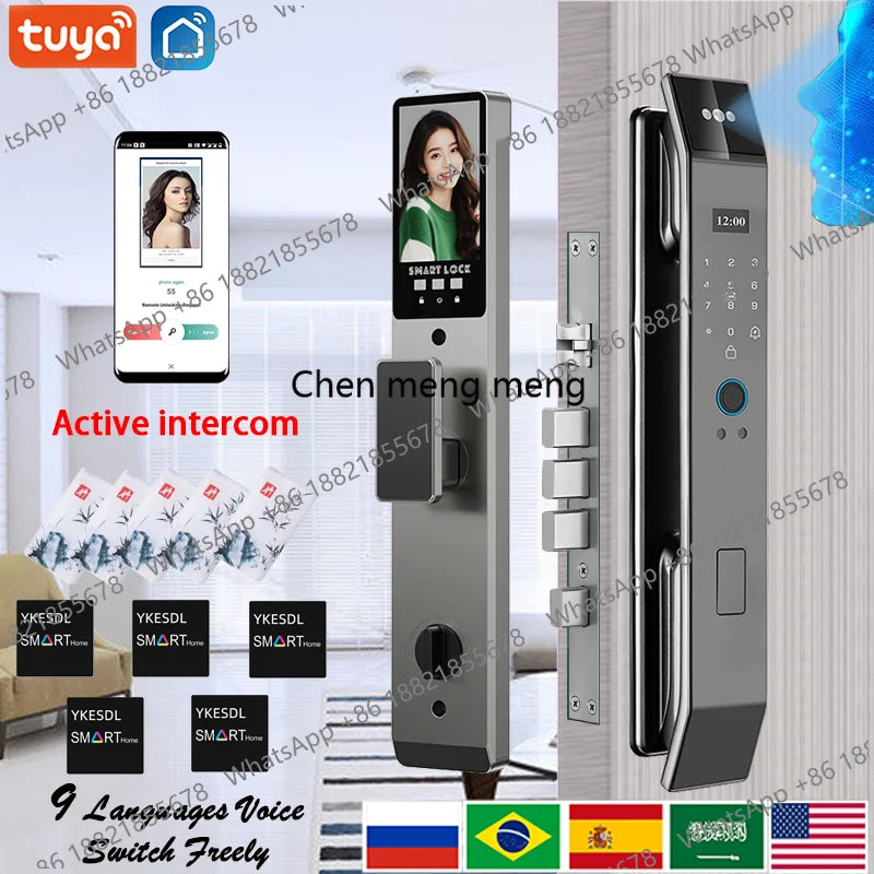 Tuya APP Smart Life APP Control Voice Intercom Smart Lock 3D Face Recognition Fingerprint Password Smart  Door Lock With Camera