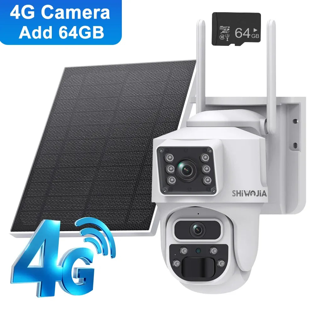 White outdoor solar PTZ security camera with dual lenses, two solar panels, and side mount