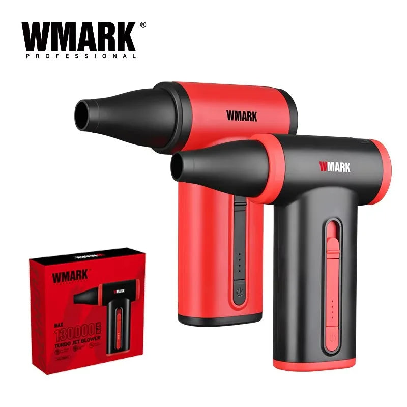 WMARK NG-TB001 handheld 130k RPM portable hair dryer and turbo blower in red and black with nozzle attachment.