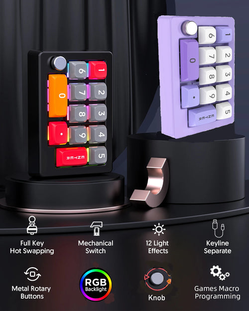 Two 13-key programmable mechanical mini keyboards with RGB lighting, hot-swappable switches, and a metal rotary knob.