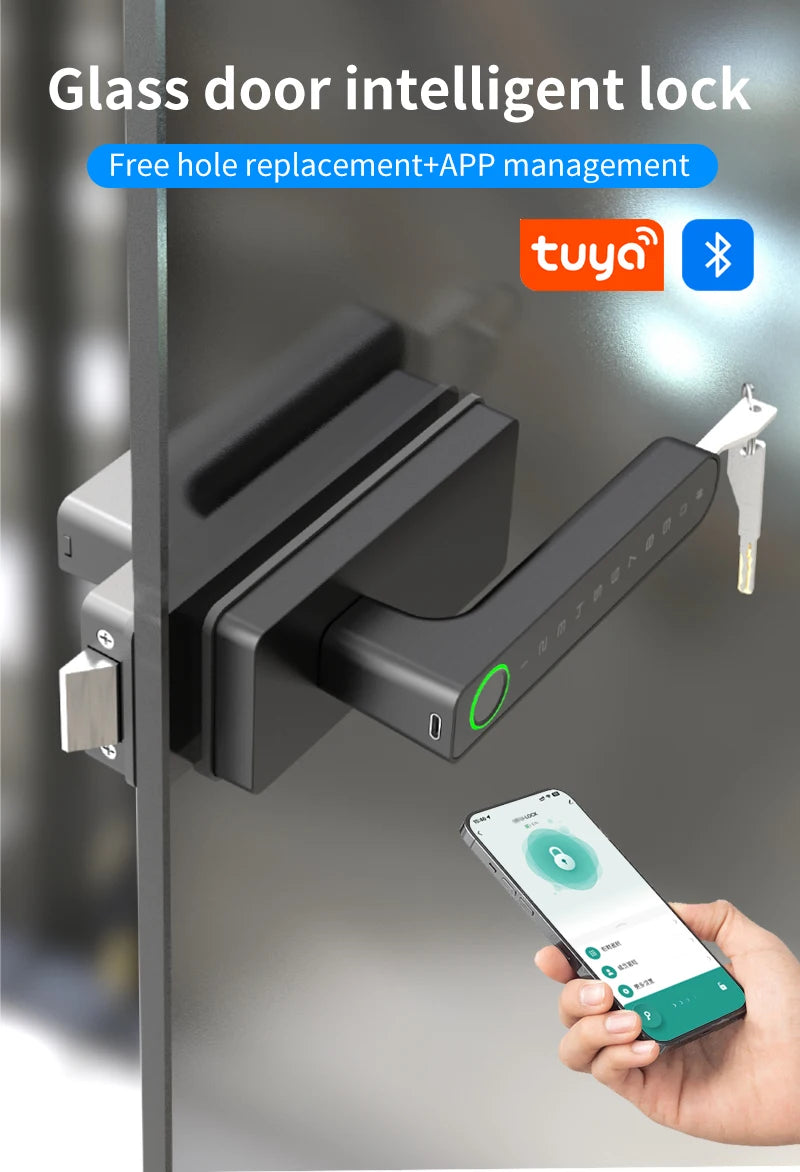 Smart Aluminum Alloy Glass Door Knobs Rotation Lock With Tuya App + Key Knobset Handle Metal Door Knob Lock For Bedroom Bathroom