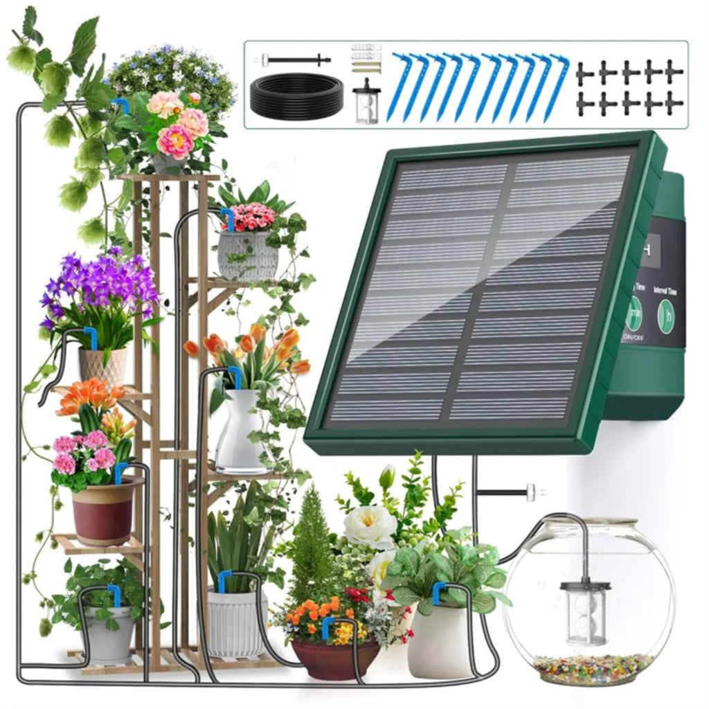 Solar irrigation drip kit with solar panel, hoses, drip heads, and lantern-style filter