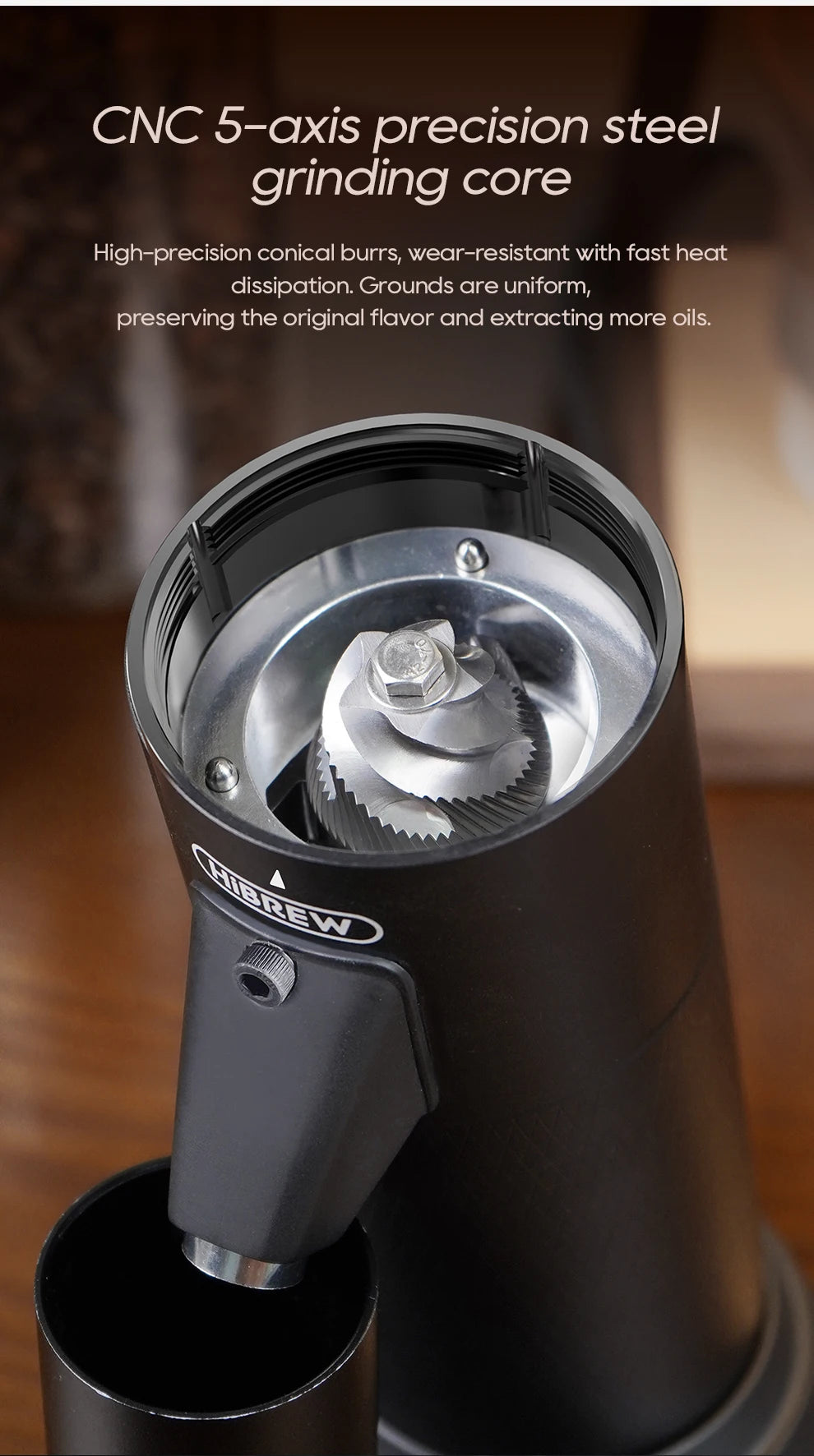 HiBREW matte black coffee grinder with stainless steel 5-axis CNC conical burr grinding core.