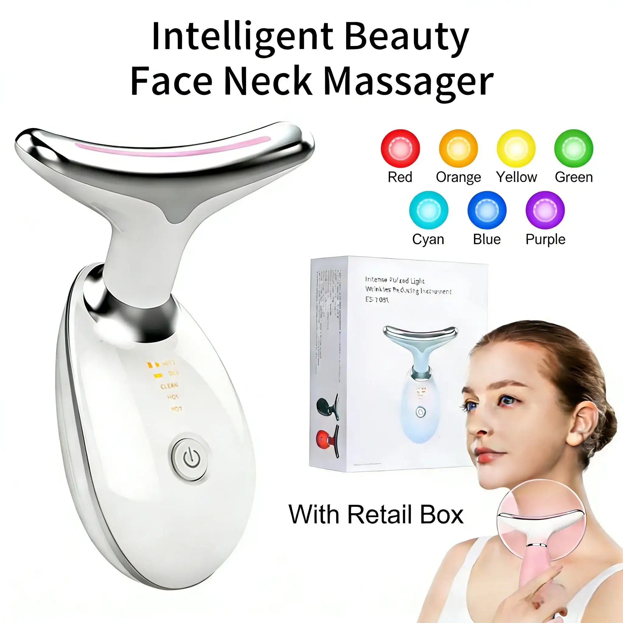 White T-shaped face and neck massager with LED light therapy settings for skin toning and wrinkle reduction.
