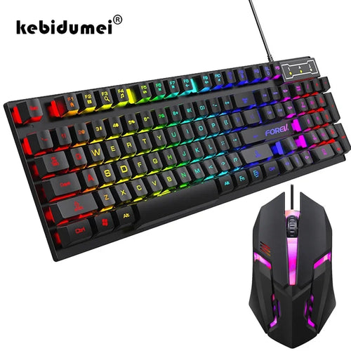 Wired black gaming keyboard and mouse set with rainbow backlit keys and a full-size 104-key layout.