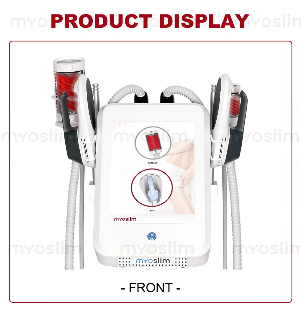 White Myoslim EMS body sculpt machine with 360 rolling inner ball applicators and touchscreen for fat burning.