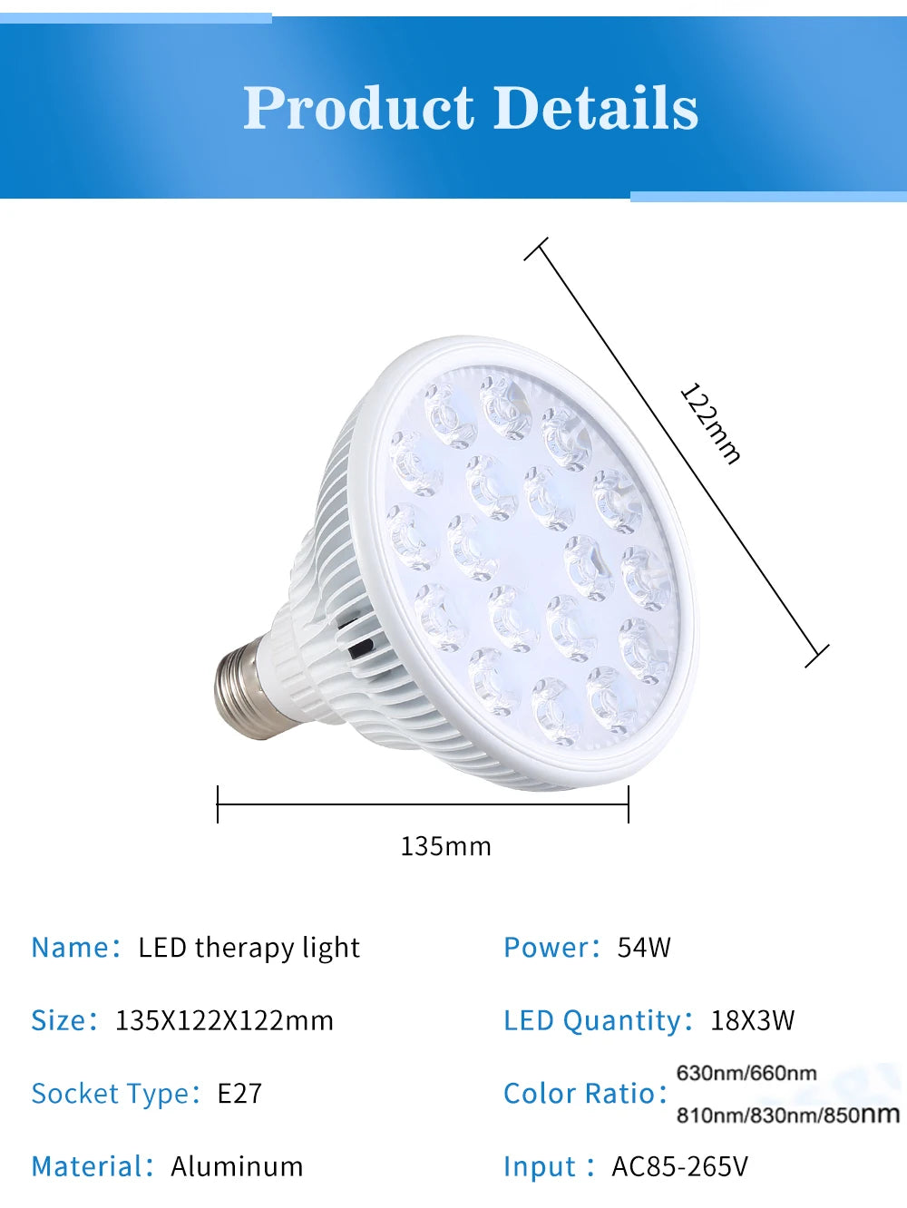 54W Red LED Light Therapy Bulb 630nm 660nm 810nm 830nm 850nm Infrared Light Bulb E27 Red Light