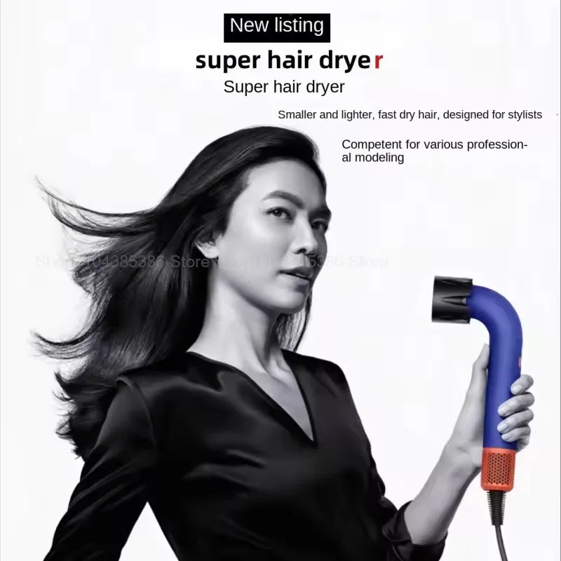 Blue leafless negative ion hair dryer with nozzle attachment for professional fast drying and sleek styling.