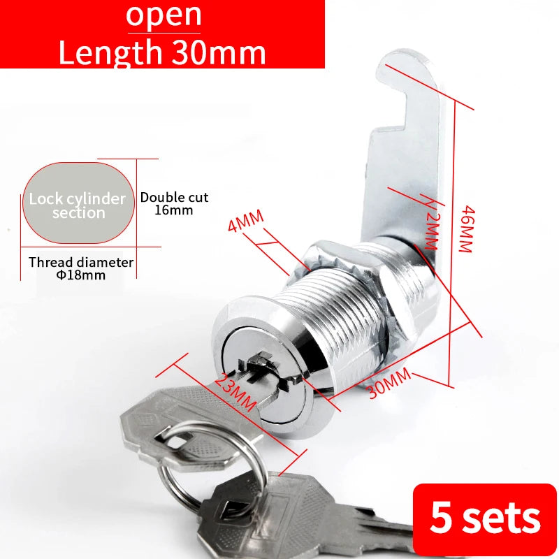 5/20SETS Metal Cylinder Cabinet Security Locker Cam Lock With 2 Keys Same Key Different Key Security Mailbox Lock Drawer 16mm