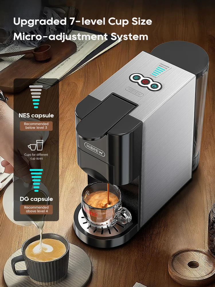 HiBREW silver and black capsule coffee machine with 7-level cup size adjustment on a wooden table.