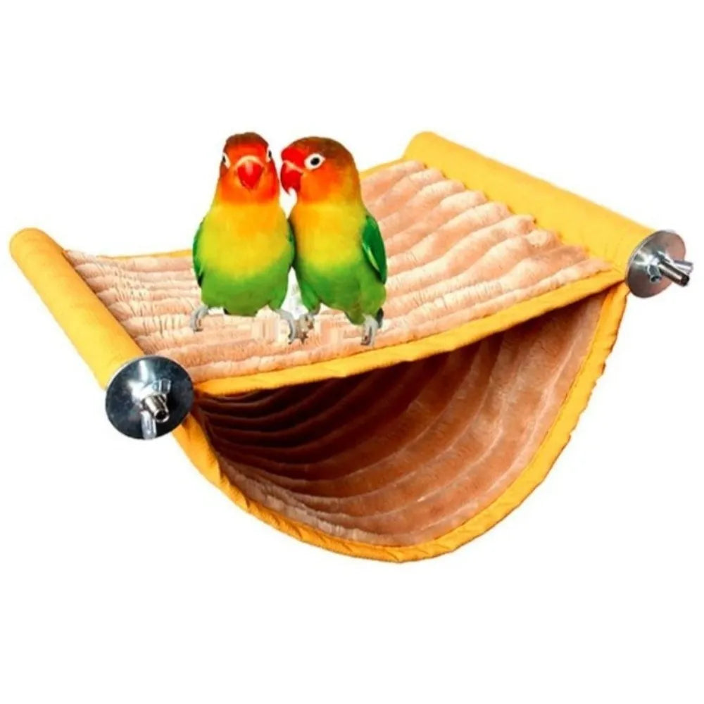 Washable yellow and grey fleece hanging hammock for birds. Warm, comfortable parrot nest perch for small bird cages.