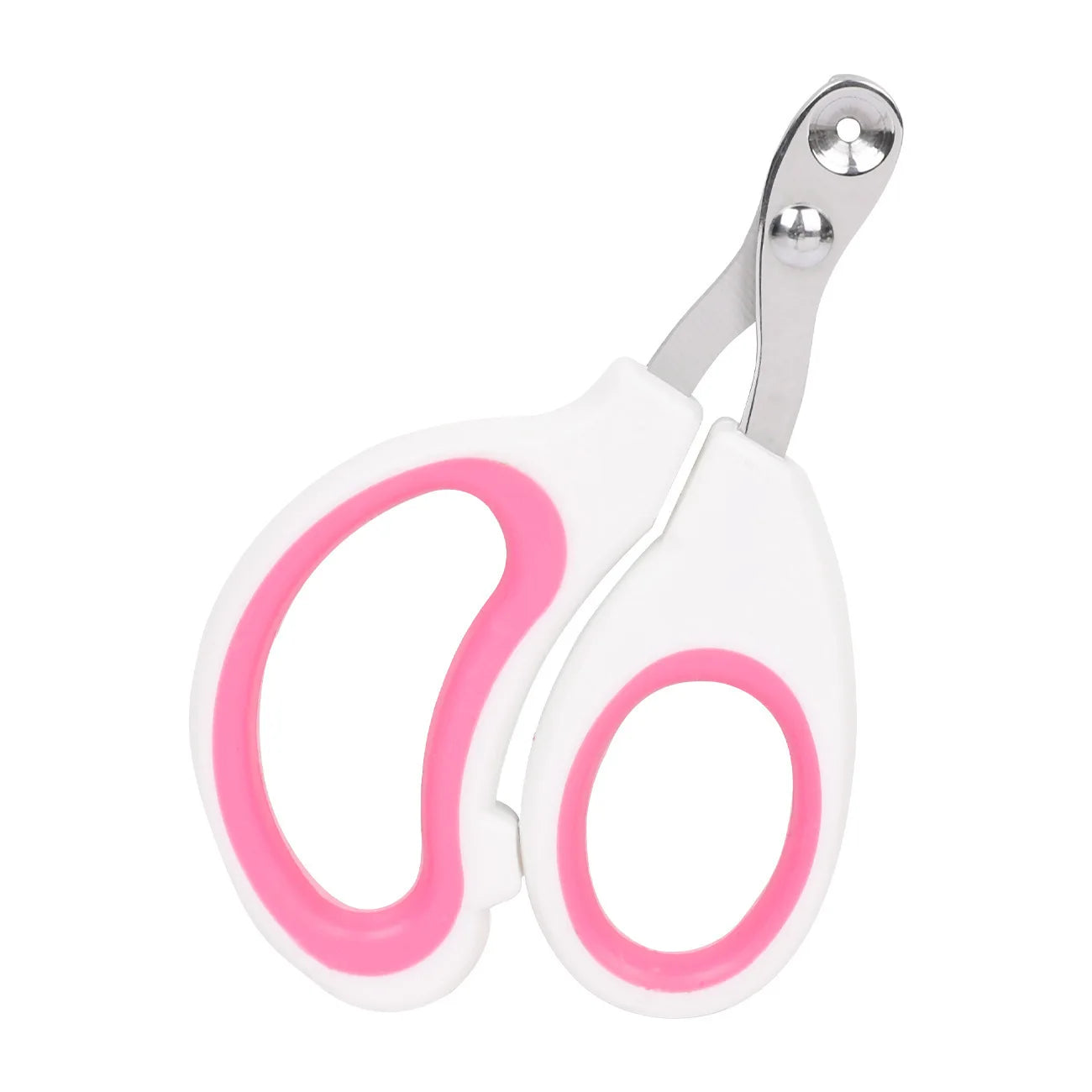 Professional stainless steel cat and dog nail clippers with pink and white ergonomic handles for easy pet grooming.