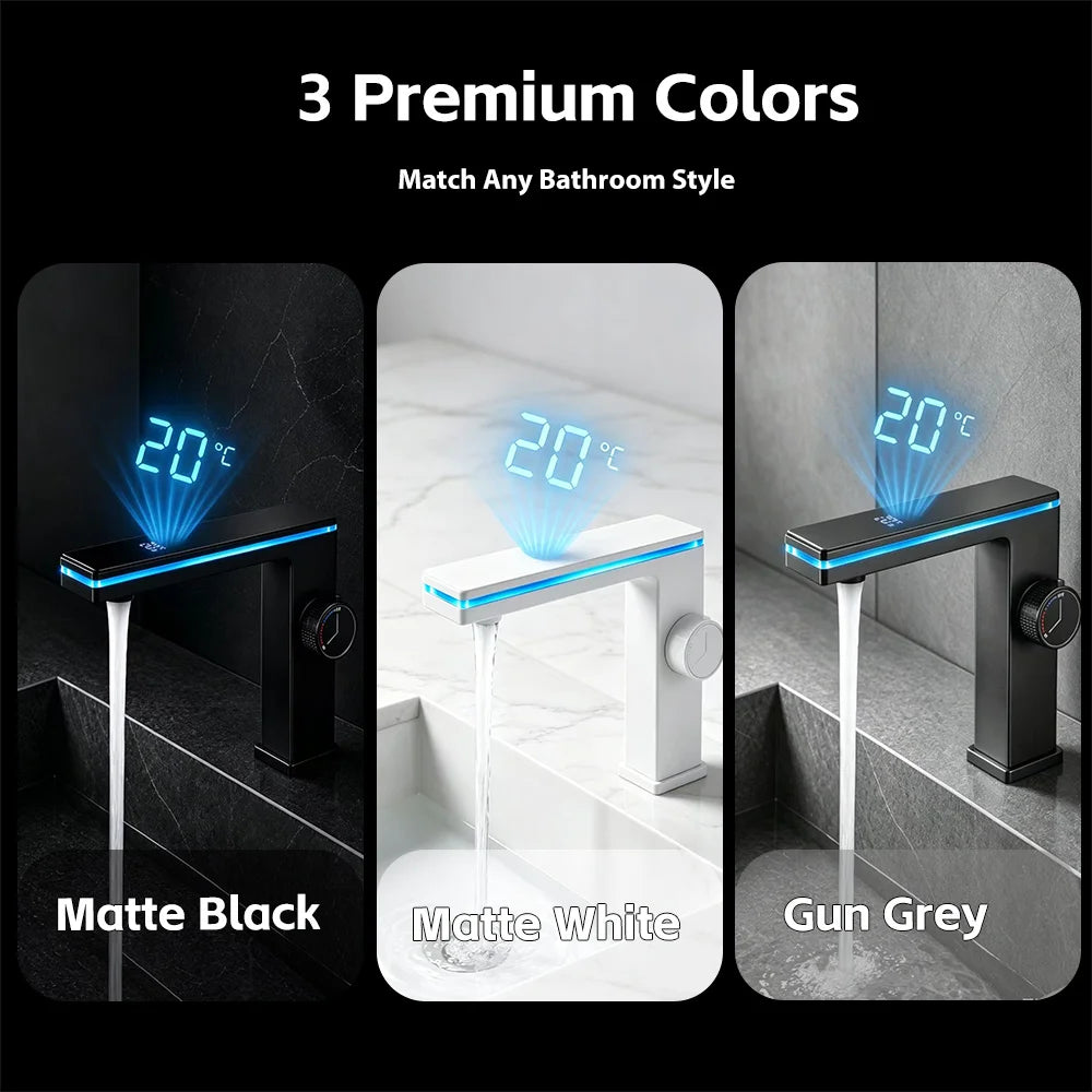 LED Digital Display Bathroom Faucet Deck Mounted Hot Cold Water Mixer Tap Smart Bathroom Sink Faucets Vanity Washbasin Faucet