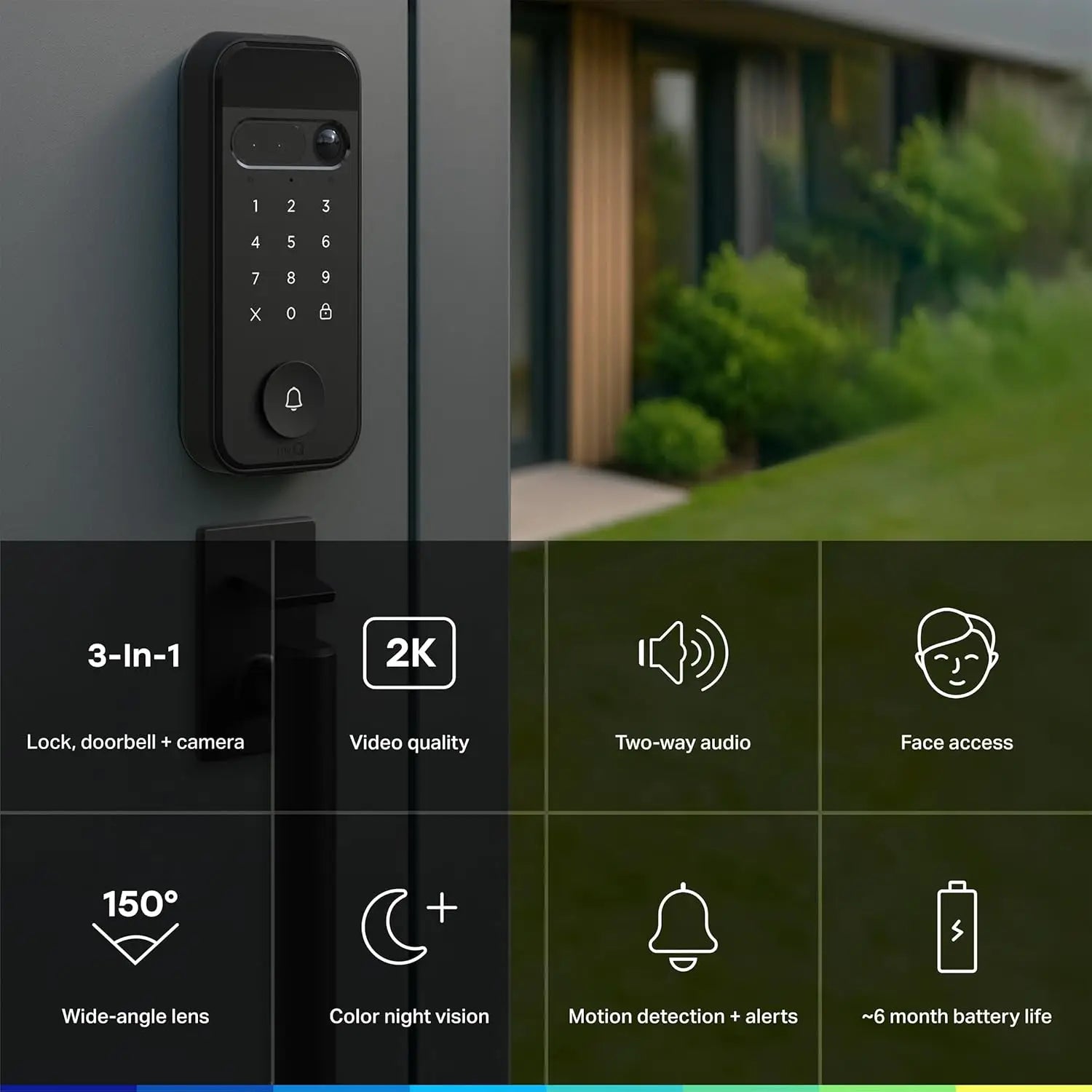3-in-1 Smart Lock with 2K Video Doorbell Camera, Face & Fingerprint Access, Color Night Vision & Two-Way Audio