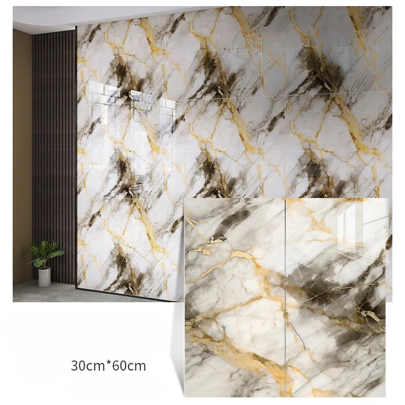 Marble-effect tile wall stickers, white with gray and gold veining, 30x60 cm