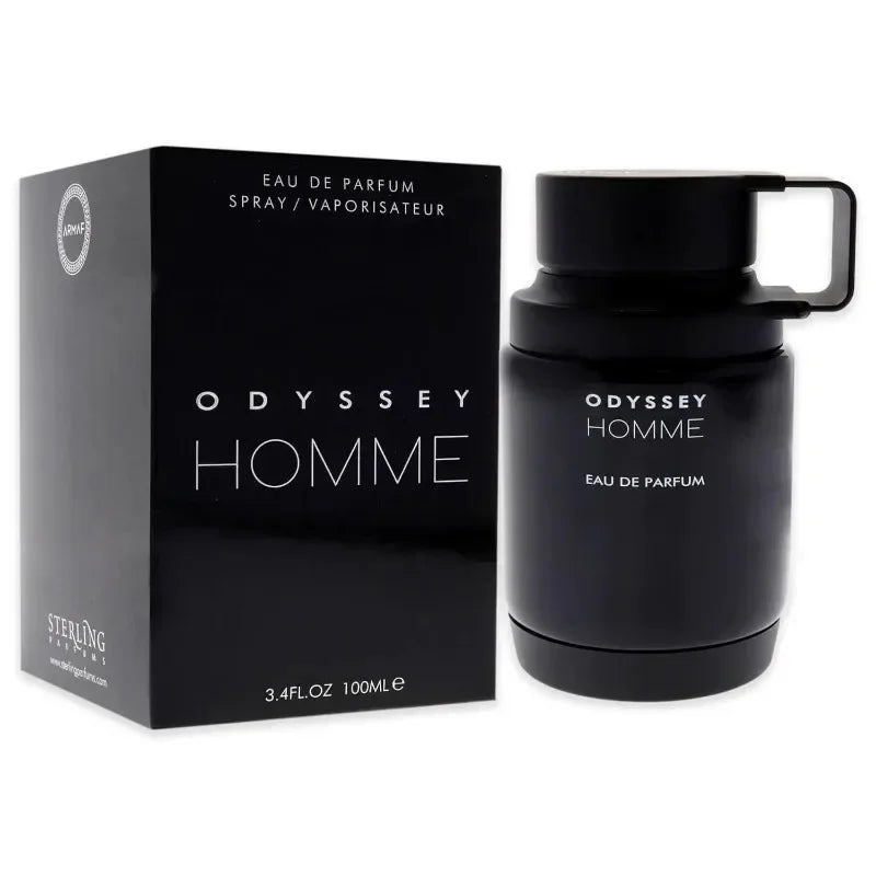 Armaf Odyssey Homme 100ml Eau de Parfum: Black cylindrical bottle, Arabian men's fragrance spray from Dubai.
