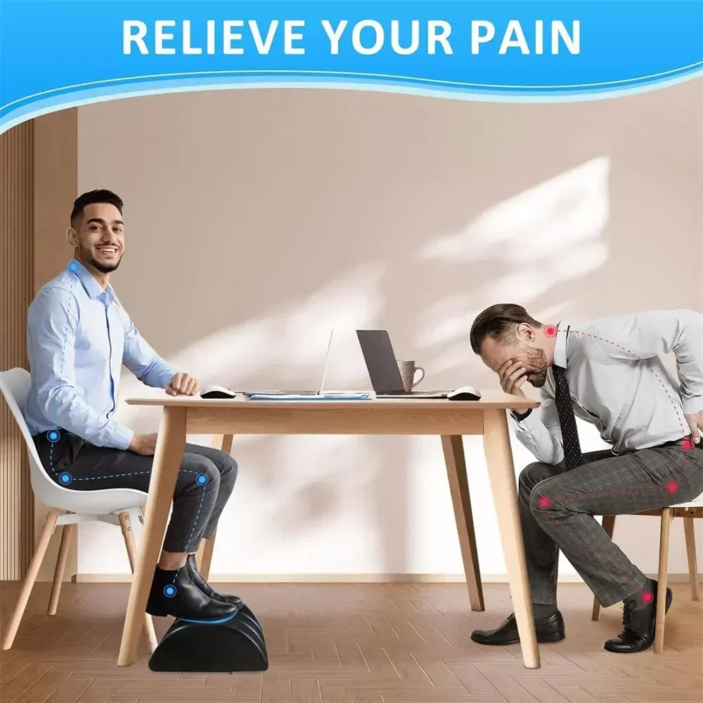 Ergonomic black under-desk footrest for office posture relief, showing pain reduction compared to improper seating.