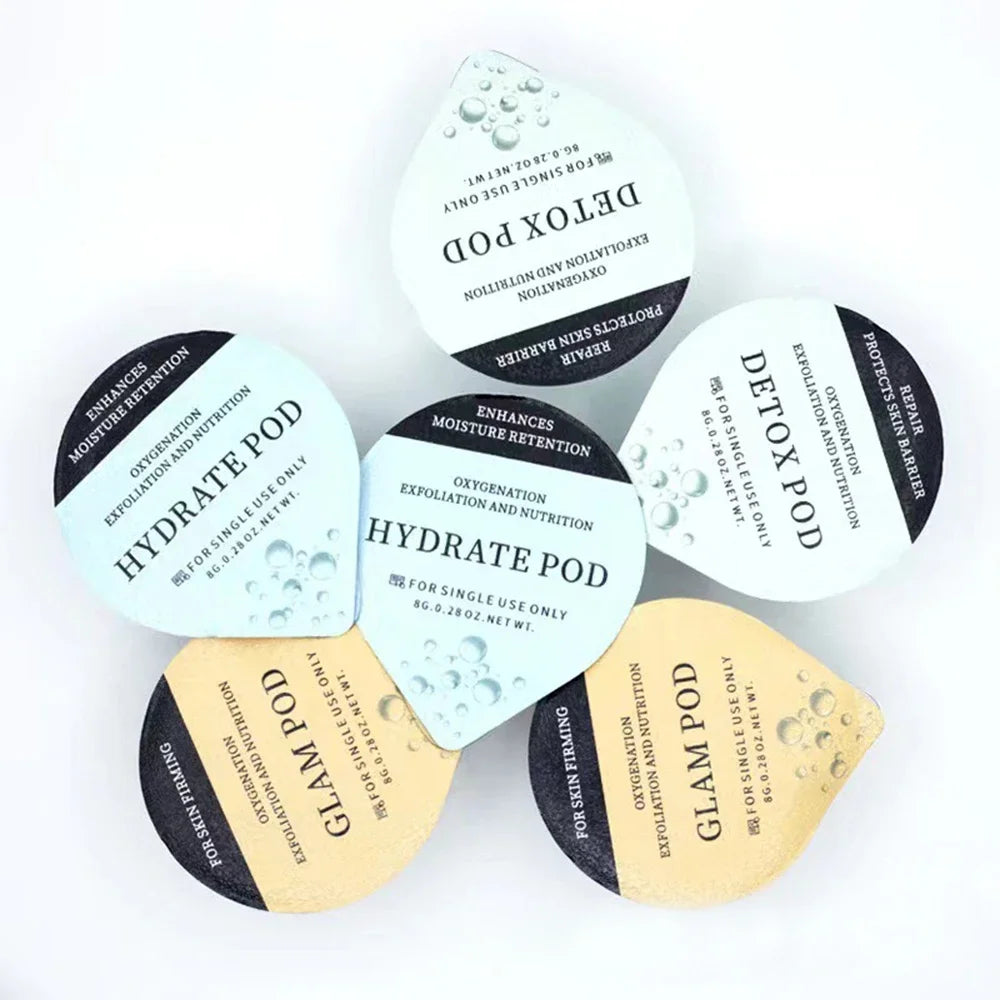Six teardrop-shaped skincare pods in light blue and yellow, labeled Detox, Hydrate, and Glam, arranged in a circle.
