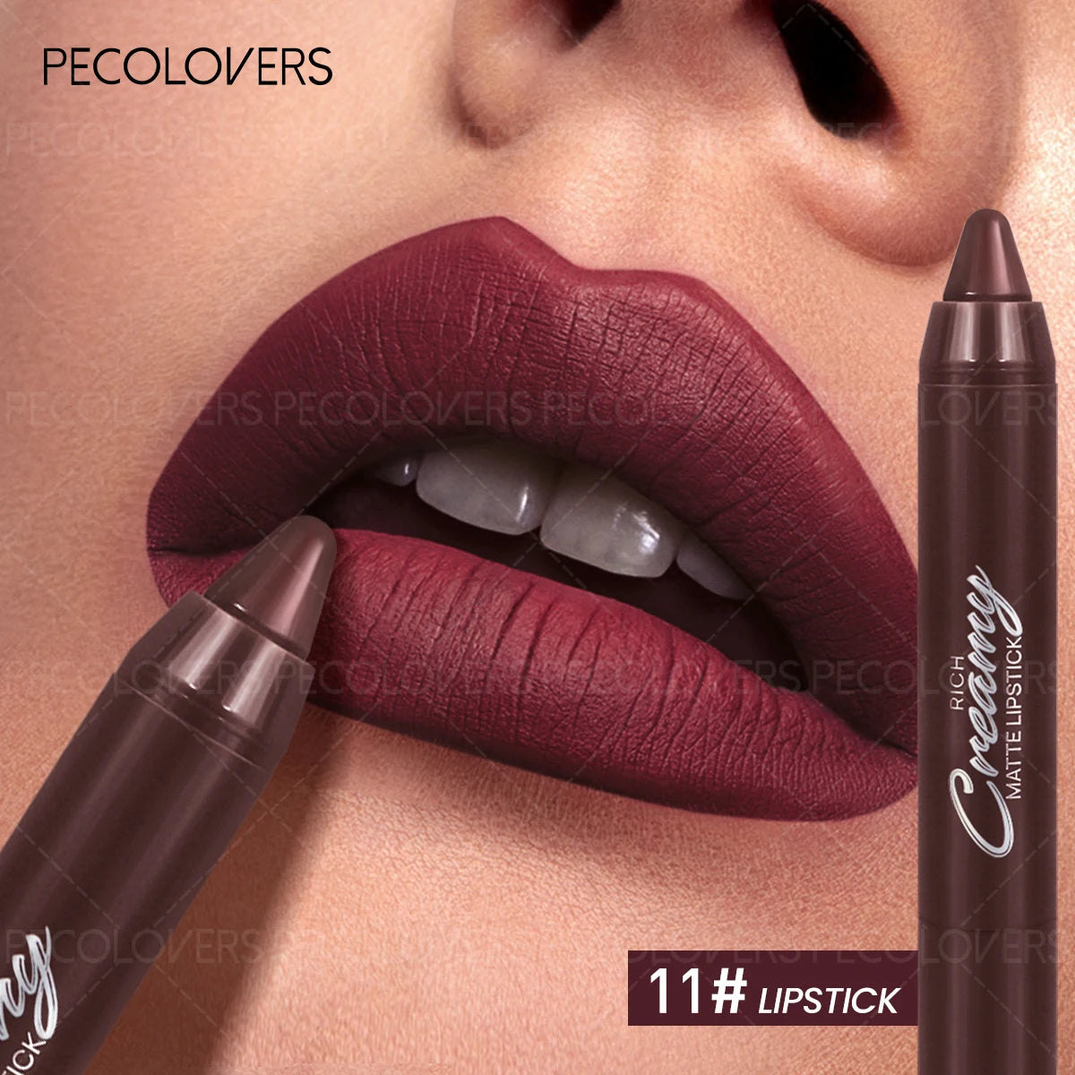 Deep plum creamy matte lipstick crayon for plump, defined lips. Smooth, highly pigmented long-lasting lip makeup.