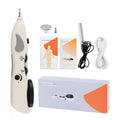 Electronic acupuncture pen kit with white handheld device, metal probe attachments, manual, grounding cable, and USB