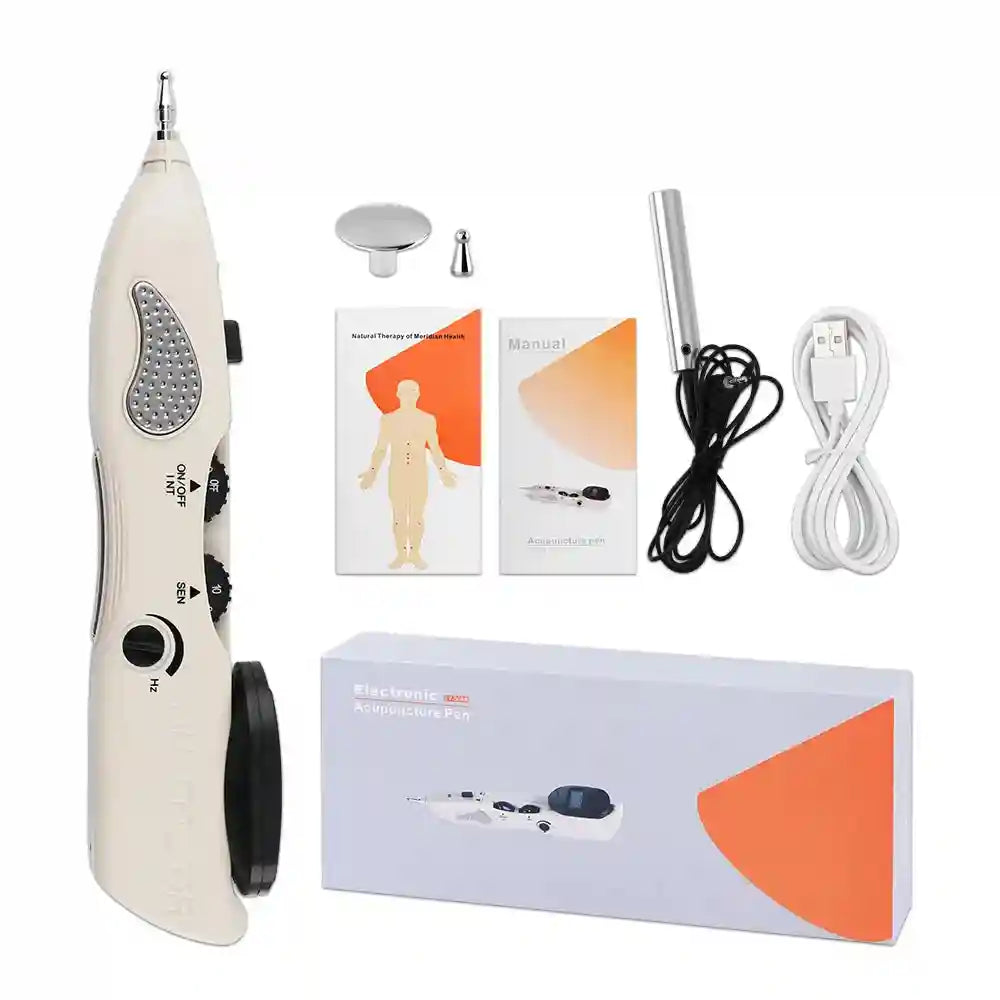 Electronic acupuncture pen kit with white handheld device, metal probe attachments, manual, grounding cable, and USB