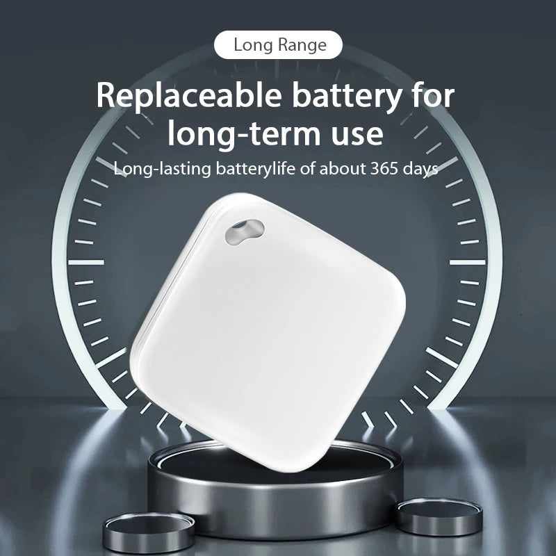White smart GPS tracker for pets and luggage, Apple Find My compatible with 365-day replaceable battery life.