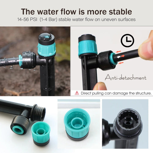 Quick-connect irrigation sprinkler tee fittings with anti-detach coupler components