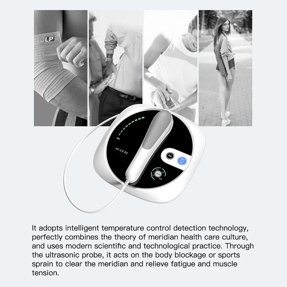 Portable 1MHz ultrasonic physiotherapy device with handheld probe for muscle and joint pain relief and massage therapy.